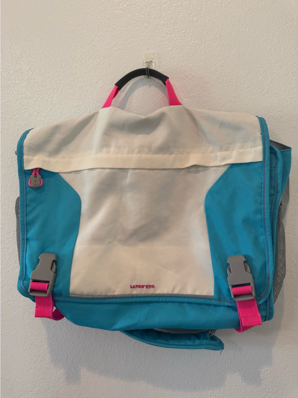 Lands' End Cream and Turquoise Canvas Bag with Pink Logo
